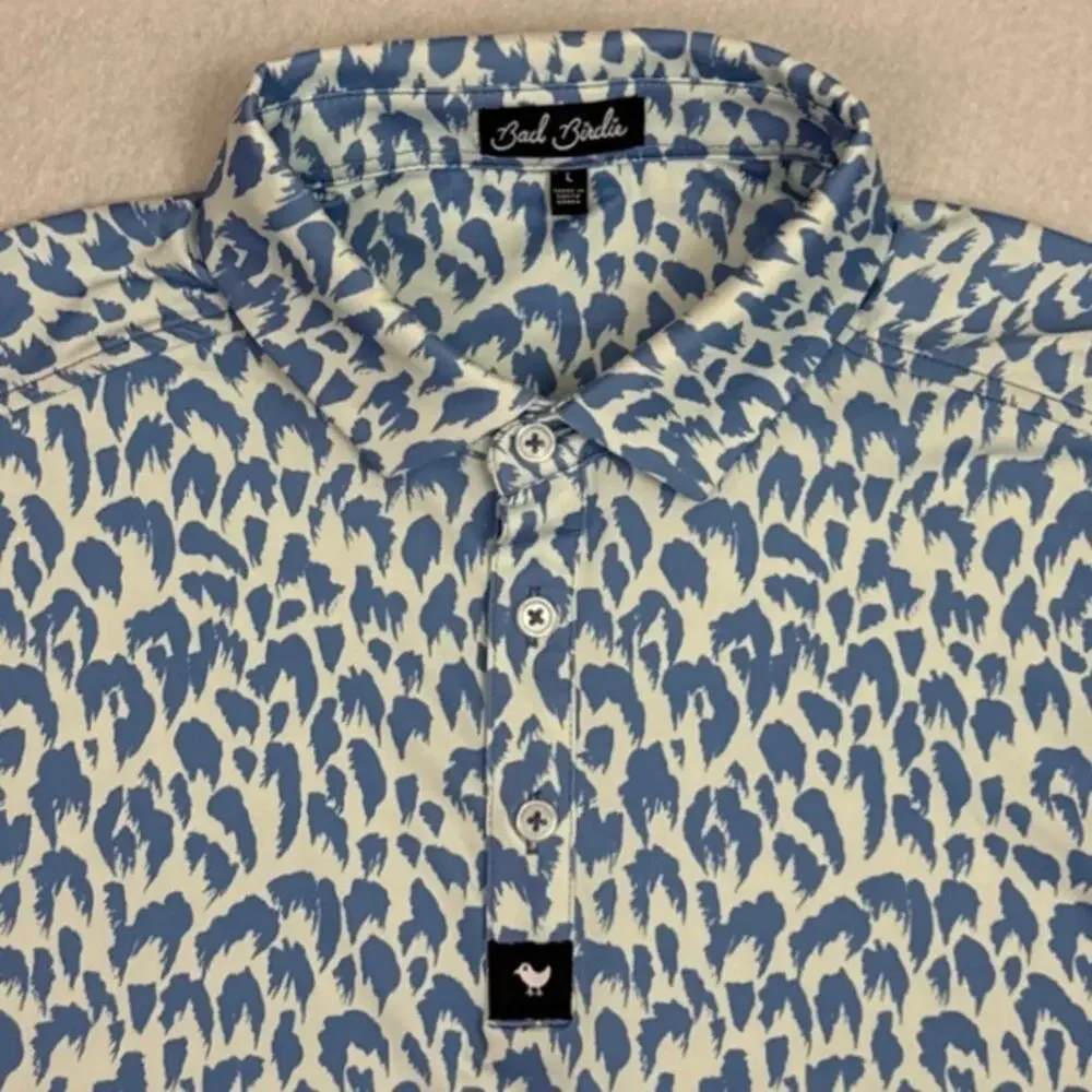 Bad Birdie Men’s L Golf Polo Shirt Blue & White Leopard Animal Print Performance